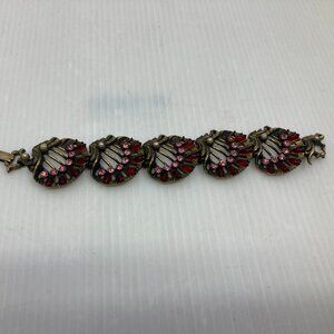 Vtg 1940s CORO ? RARE gold tone faux pearl rhinestone pink red pannel bracelet